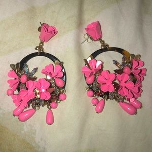 J. Crew Tortoise Hoops w. Pink Enamel Flowers